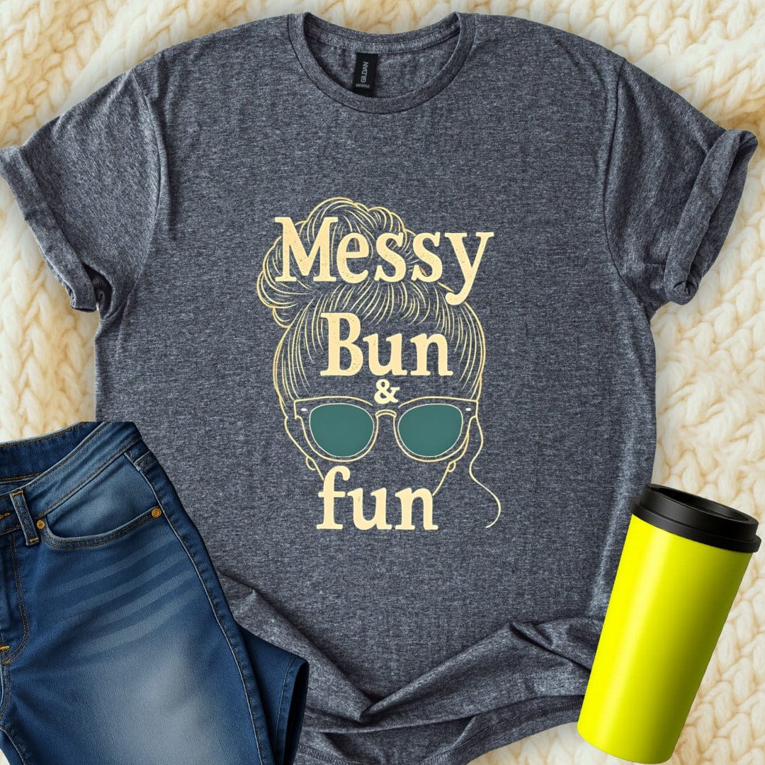 Printify T-Shirt Dark Heather / S Messy Bun Mom Fun T-Shirt