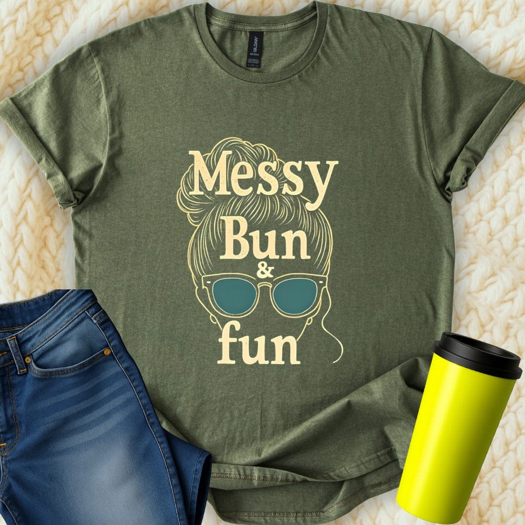 Printify T-Shirt Military Green / S Messy Bun Mom Fun T-Shirt