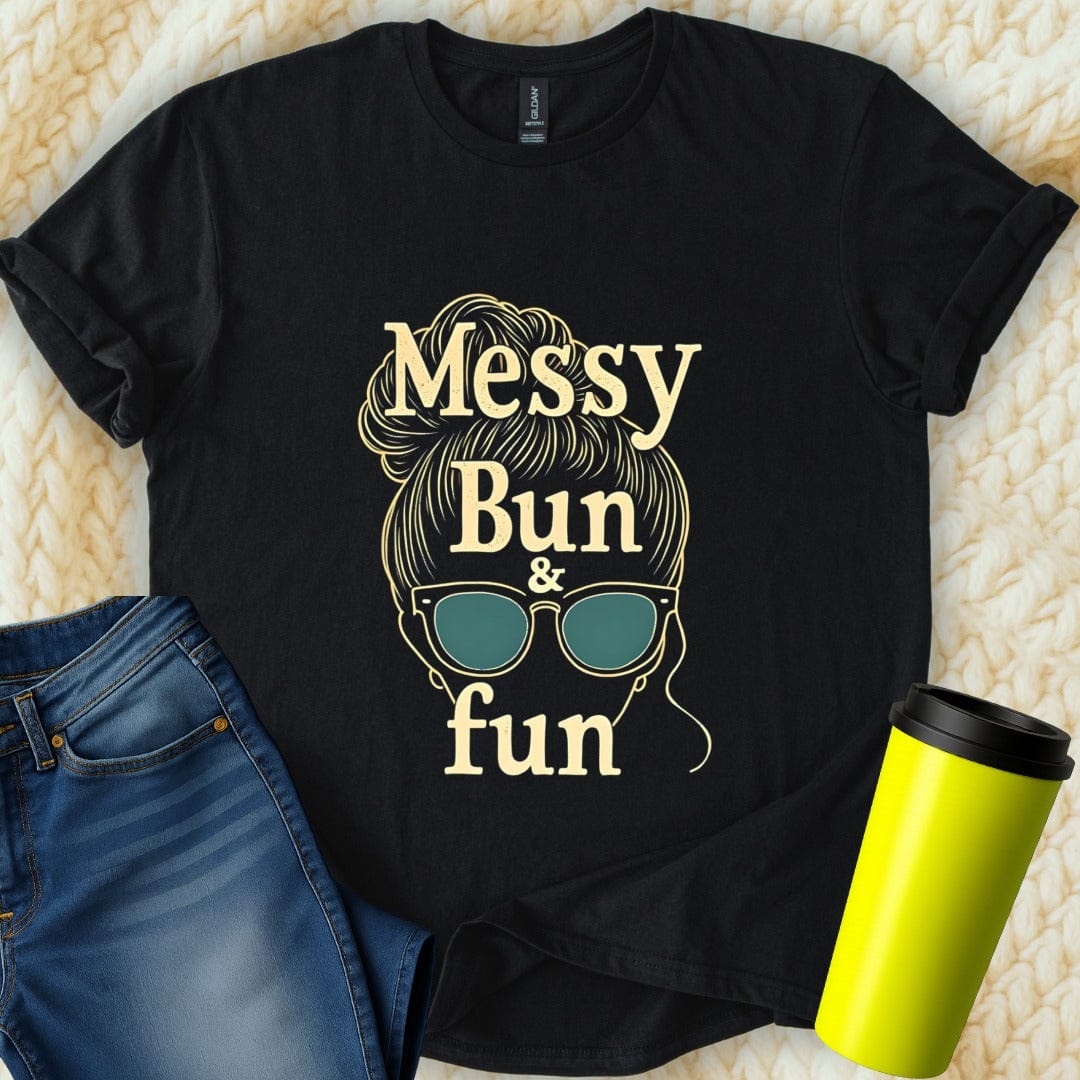 Printify T-Shirt Black / S Messy Bun Mom Fun T-Shirt