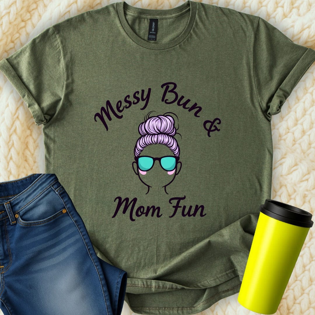 Printify T-Shirt Military Green / S Messy Bun Mom T-Shirt
