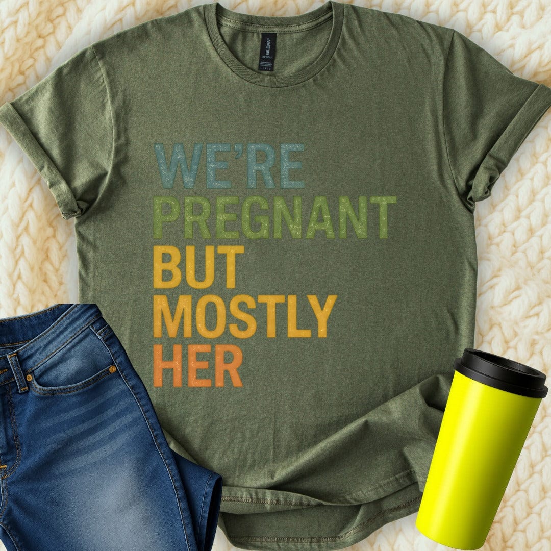Printify T-Shirt Military Green / S We're Pregnant but... T-Shirt