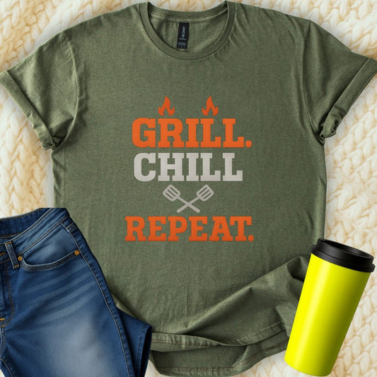 MyDesigns Physical Item Grill Chill Repeat Flames Spatula Design T-Shirt