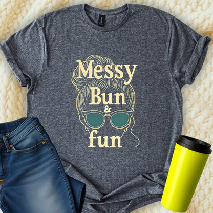 Printify T-Shirt Dark Heather / S Messy Bun Mom Fun T-Shirt