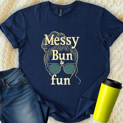 Printify T-Shirt Navy / S Messy Bun Mom Fun T-Shirt