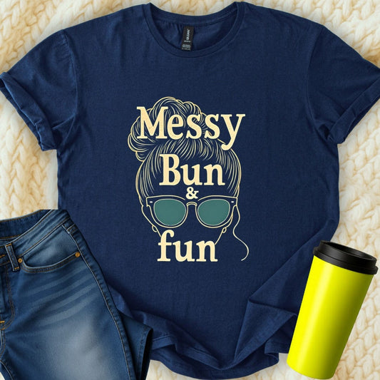 Printify T-Shirt Navy / S Messy Bun Mom Fun T-Shirt