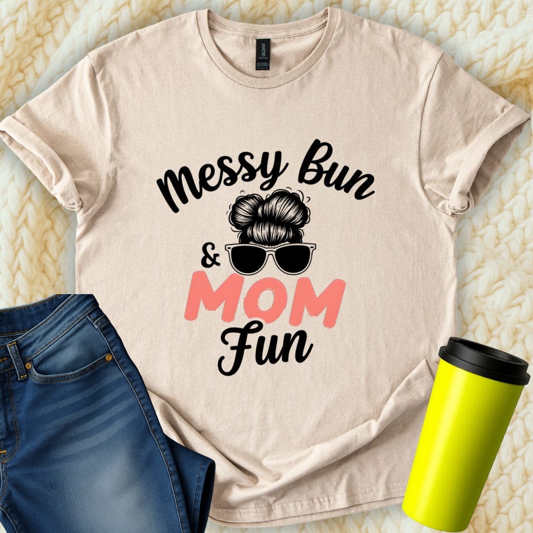 Printify T-Shirt Sand / S Messy Bun Mom Fun T-Shirt