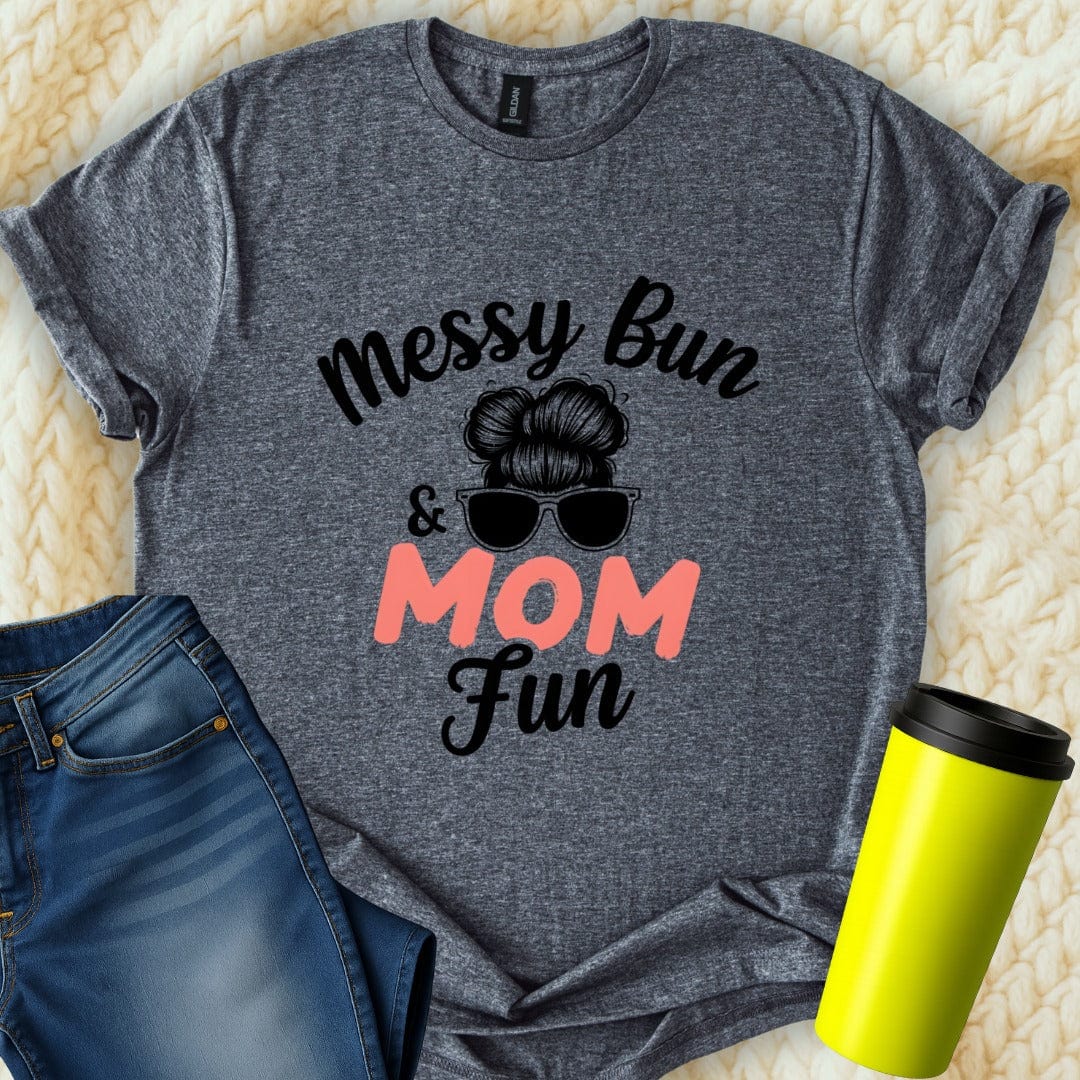 Printify T-Shirt Dark Heather / S Messy Bun Mom Fun T-Shirt
