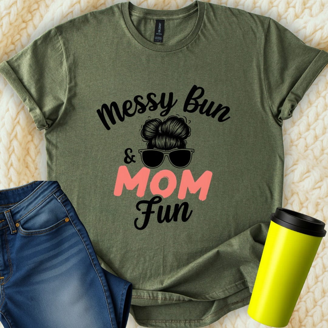 Printify T-Shirt Military Green / S Messy Bun Mom Fun T-Shirt
