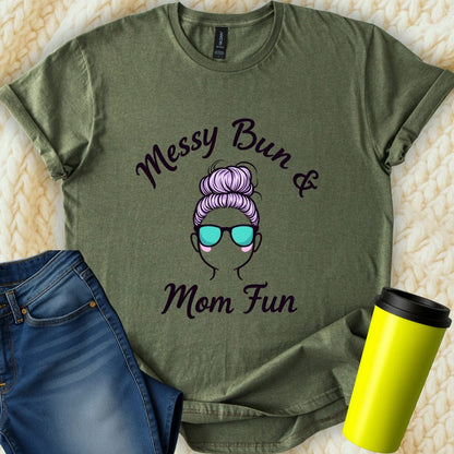 Printify T-Shirt Military Green / S Messy Bun Mom T-Shirt