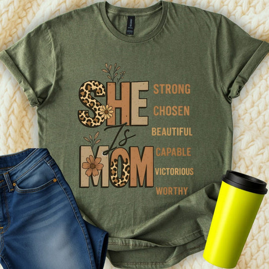 Printify T-Shirt Military Green / S She is Mom T-Shirt